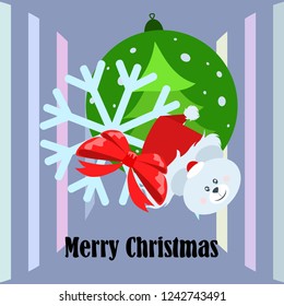 new year card bow bear christmas ball snowflake santa hat vector background