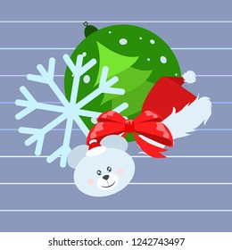 new year card bow bear christmas ball snowflake santa hat vector background