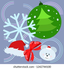 new year card bow bear christmas ball snowflake santa hat vector background