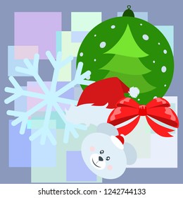 new year card bow bear christmas ball snowflake santa hat vector background