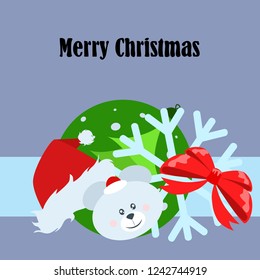 new year card bow bear christmas ball snowflake santa hat vector background