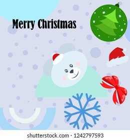 new year card bow bear christmas ball snowflake santa hat vector background