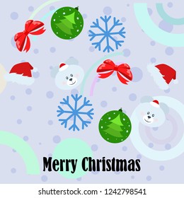 new year card bow bear christmas ball snowflake santa hat vector background