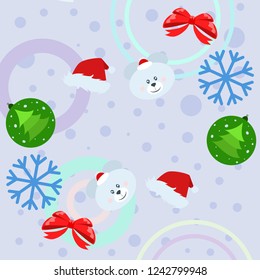 new year card bow bear christmas ball snowflake santa hat vector background