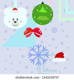 new year card bow bear christmas ball snowflake santa hat vector background