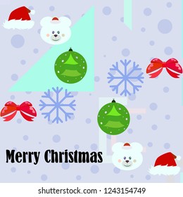 new year card bow bear christmas ball snowflake santa hat vector background
