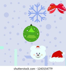 new year card bow bear christmas ball snowflake santa hat vector background