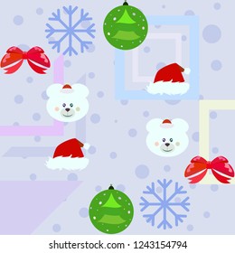 new year card bow bear christmas ball snowflake santa hat vector background