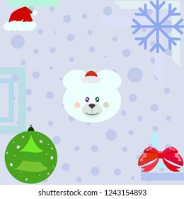 new year card bow bear christmas ball snowflake santa hat vector background
