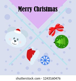 new year card bow bear christmas ball snowflake santa hat vector background