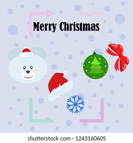 new year card bow bear christmas ball snowflake santa hat vector background