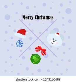 new year card bow bear christmas ball snowflake santa hat vector background