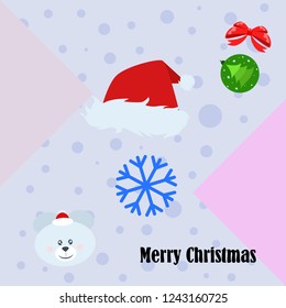 new year card bow bear christmas ball snowflake santa hat vector background