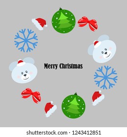 new year card bow bear christmas ball snowflake santa hat vector background