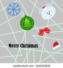 new year card bow bear christmas ball snowflake santa hat vector background