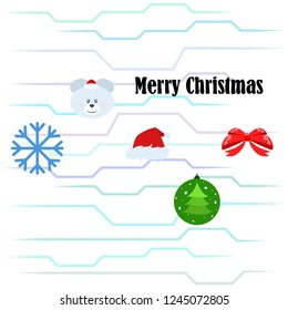 new year card bow bear christmas ball snowflake santa hat vector background