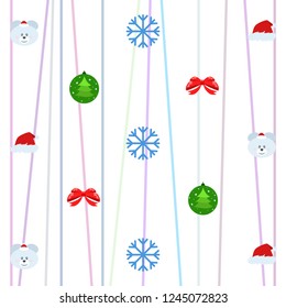 new year card bow bear christmas ball snowflake santa hat vector background