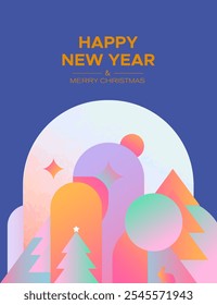 Tarjeta de año Nuevo con gradiente brillante. Formas coloridas y spruces en estética futurista.