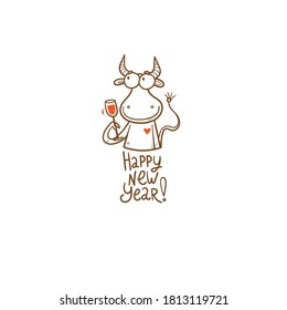 New Year card with a bull. Chinese calendar symbol. Vector holiday poster. Funny animal.