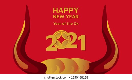 New Year card with bull horns 2021, Chinese New Year ox. Vector illustration
