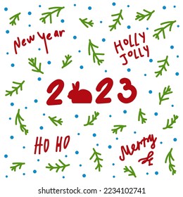 New Year card c 2023. Merry Christmas and Happy New Year for posters, holiday covers. With carrot hare and Christmas trees in a doodle background. Vector illustration