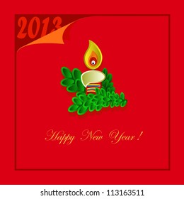 New Year card with candle on the red background