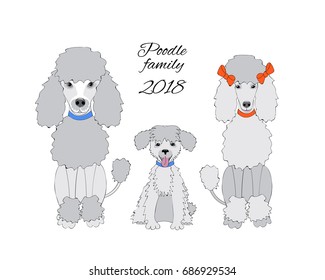 New year card with cartoon drawn pretty poodle family and number 2018. Symbol year 2018 of dog.  Isolated on the white background. eps 10