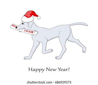 New year card with cartoon drawn dog bringing a newspaper with number 2018 with santa hat. Symbol year 2018 of dog.  Isolated on the white background. eps 10
