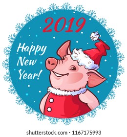 New year card with cartoon funny santa pig, symbol of 2019 year, vector image, eps10