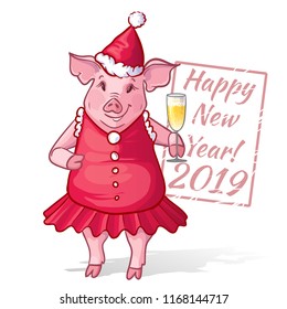 New year card with cartoon funny santa pig, symbol of 2019 year, vector image, eps10