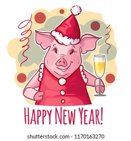 New year card with cartoon funny santa pig, symbol of 2019 year, vector image, eps10