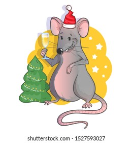 New year card with cartoon funny santa rat, symbol of 2020 year, with champagne on the yellow background with Christmas tree vector image, eps10