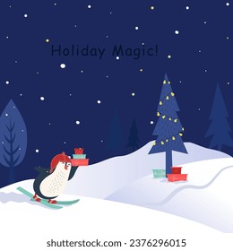 New Year card with
cartoon penguin. Penguin is licking, holding gifts in his hands. Inscription holiday magic. Winter night forest, snowdrifts, fir trees, stars, snow falling. Vector illustration

