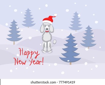 New year card with cartoon poodle dog in the santa hat and text Happy New Year on the snow and blue christmas trees background. eps 10
