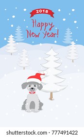 New year card with cartoon puppy in the santa hat and text Happy New Year on the snow and white christmas trees background. eps 10
