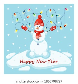 New Year card. Cartoon snowman holding a garland of light bulbs. Vector illustration.