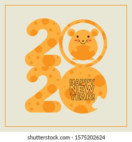 New year card with cheese styled 2020 and funny mouse in zero