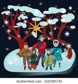 New Year card. Children with a star of Bethlehem sing Christmas carols. Happy boys and girls in winter clothes.
The glorification of Jesus Christ on the night before Christmas. Isolated vector graphic