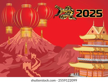 New Year card. Chinese balloons over the Great Wall of China. The Asian Palace. Vector illustration