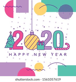 new year card with chrismtas icons and memphis style. vector illustration
