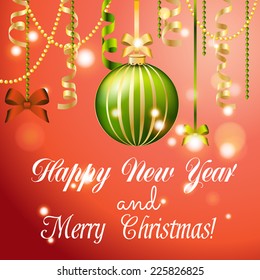 New year card, Christmas Ball with Ribbon. Greeting card. Xmas Decorations. Sparkles and bokeh. Shiny and glowing. Holiday Design for New Year Greeting Cards and Flyers. Vector.