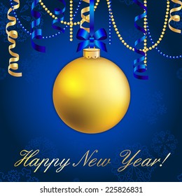 New year card, Christmas Ball with Ribbon. Greeting card. Xmas Decorations. Sparkles and bokeh. Shiny and glowing. Holiday Design for New Year Greeting Cards and Flyers. Vector.