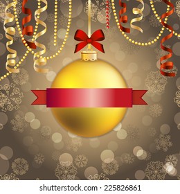 New year card, Christmas Ball with Ribbon. Xmas Decorations. Sparkles and bokeh. Shiny and glowing. Holiday Design for New Year Greeting Cards, Posters and Flyers. Vector.