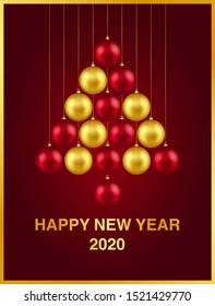 New Year card with Christmas balls laid out in the form of a Christmas tree. Red and gold colors. Vector illustration. Concept for banner, poster, greeting card.
