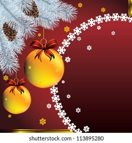 new year card with christmas decor, on snowflakes background