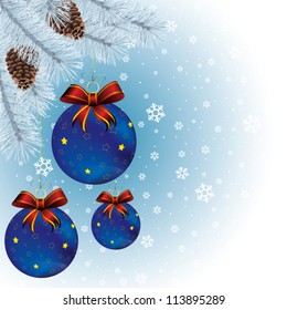 new year card with christmas decor, on snowflakes background