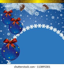 new year card with christmas decor, on snowflakes background