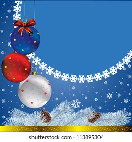 new year card with christmas decor, on snowflakes background