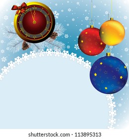 new year card with christmas decor, abstract watch on snowflakes background