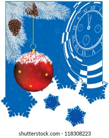 new year card with christmas decor, abstract watch on snowflakes background with snowflakes cutout